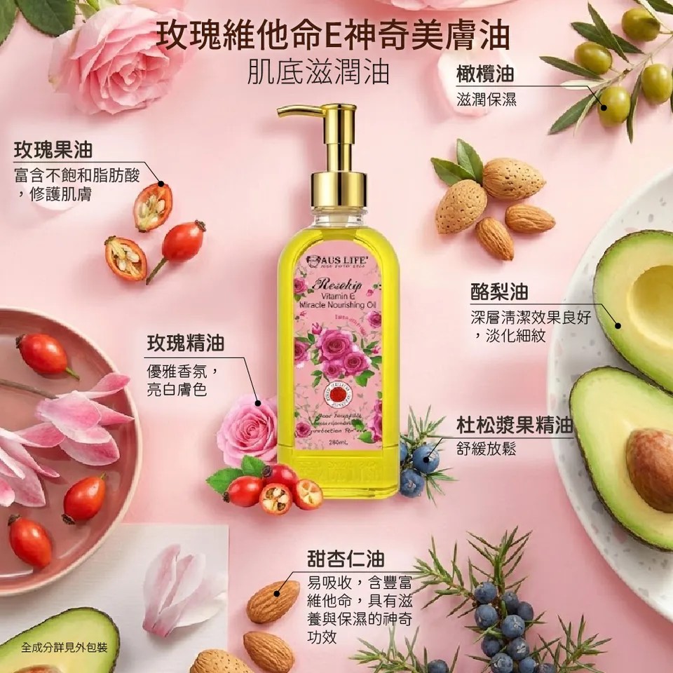 【澳思萊AUS LIFE】玫瑰維他命E神奇美膚油 260ml 圖 7