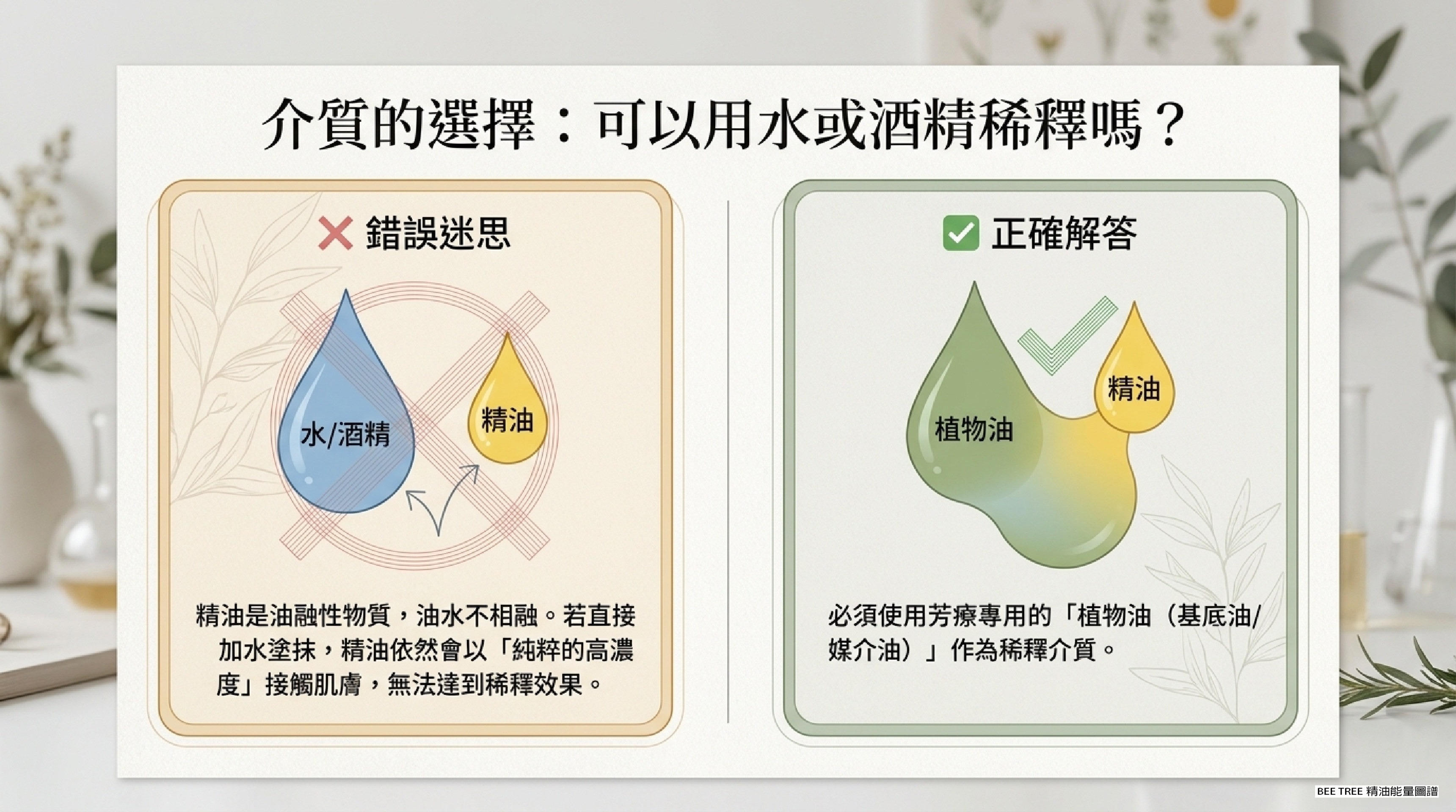 介質的選擇 — 水或酒精可以稀釋精油嗎？（錯誤迷思 vs 正確解答）