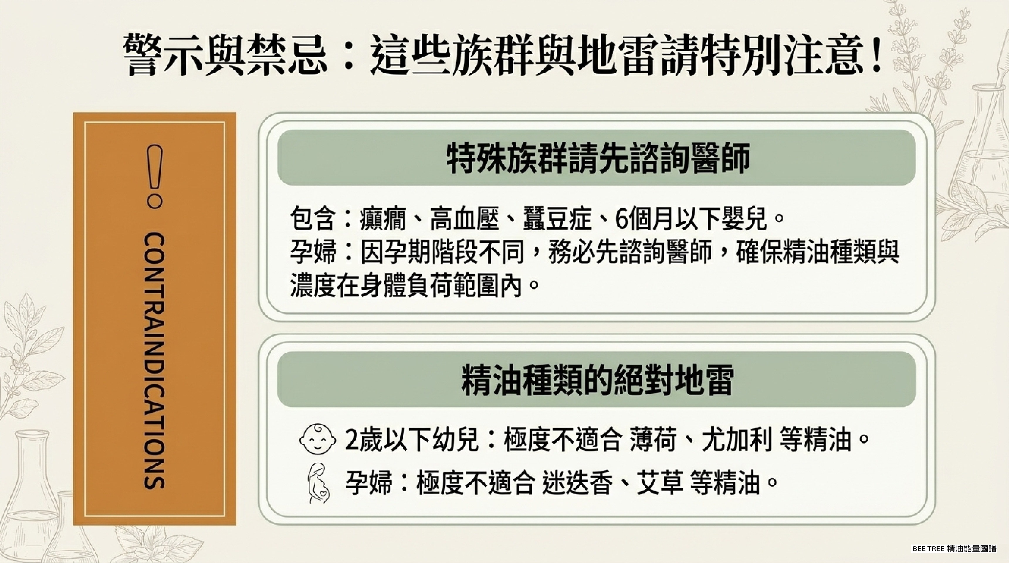 警示與禁忌 — 特殊族群與精油地雷一覽 (Contraindications)