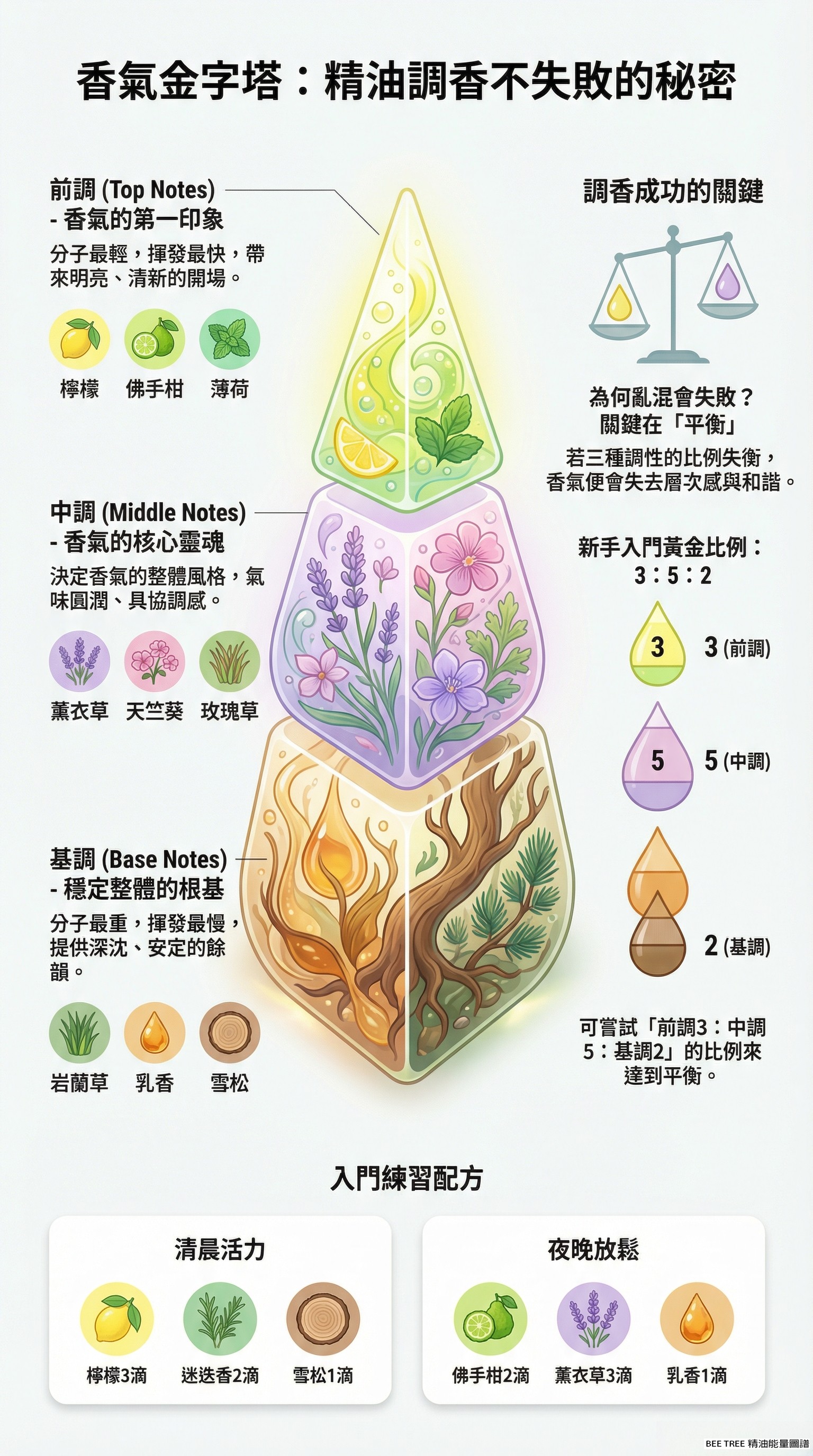 香氣金字塔 — 前調・中調・基調的精油代表 + 3:5:2 黃金比例