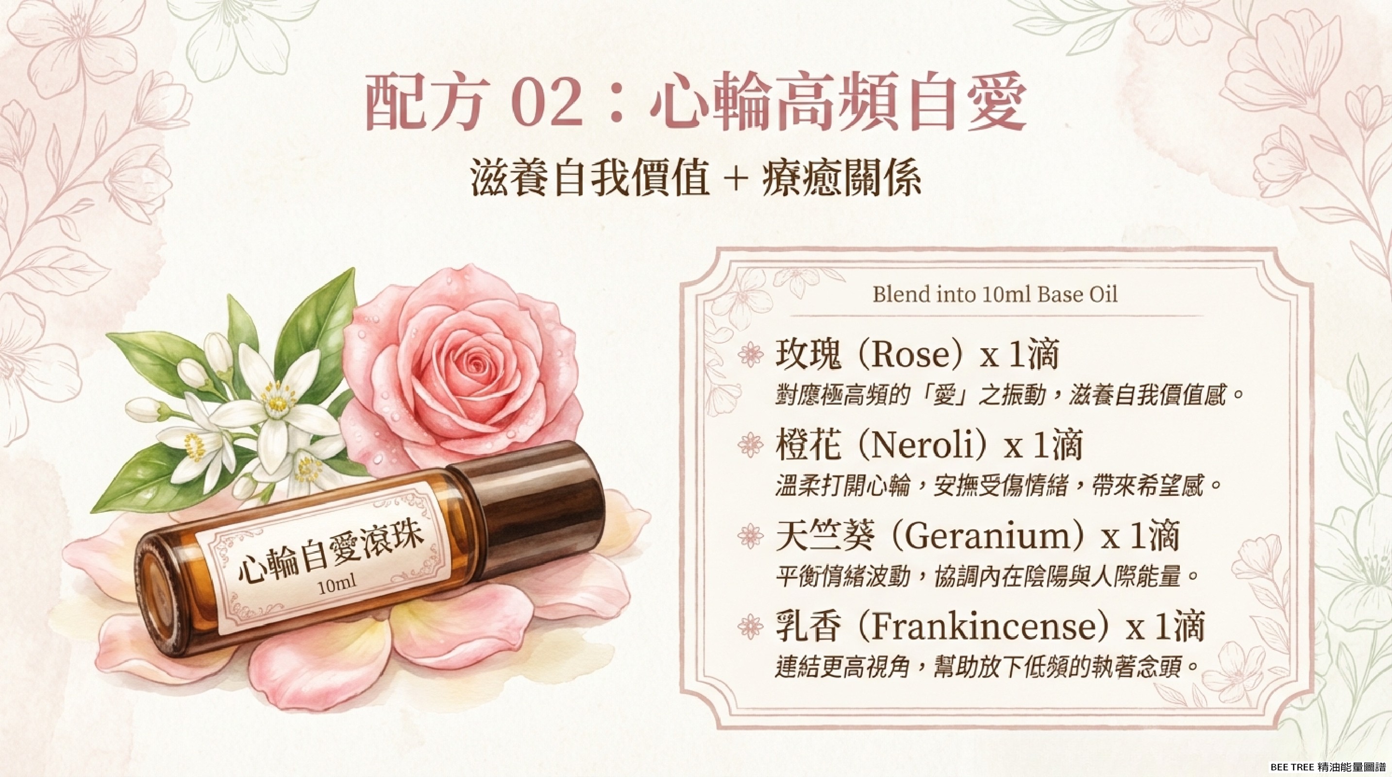 配方 02 — 心輪高頻自愛滾珠：玫瑰 × 橙花 × 天竺葵 × 乳香