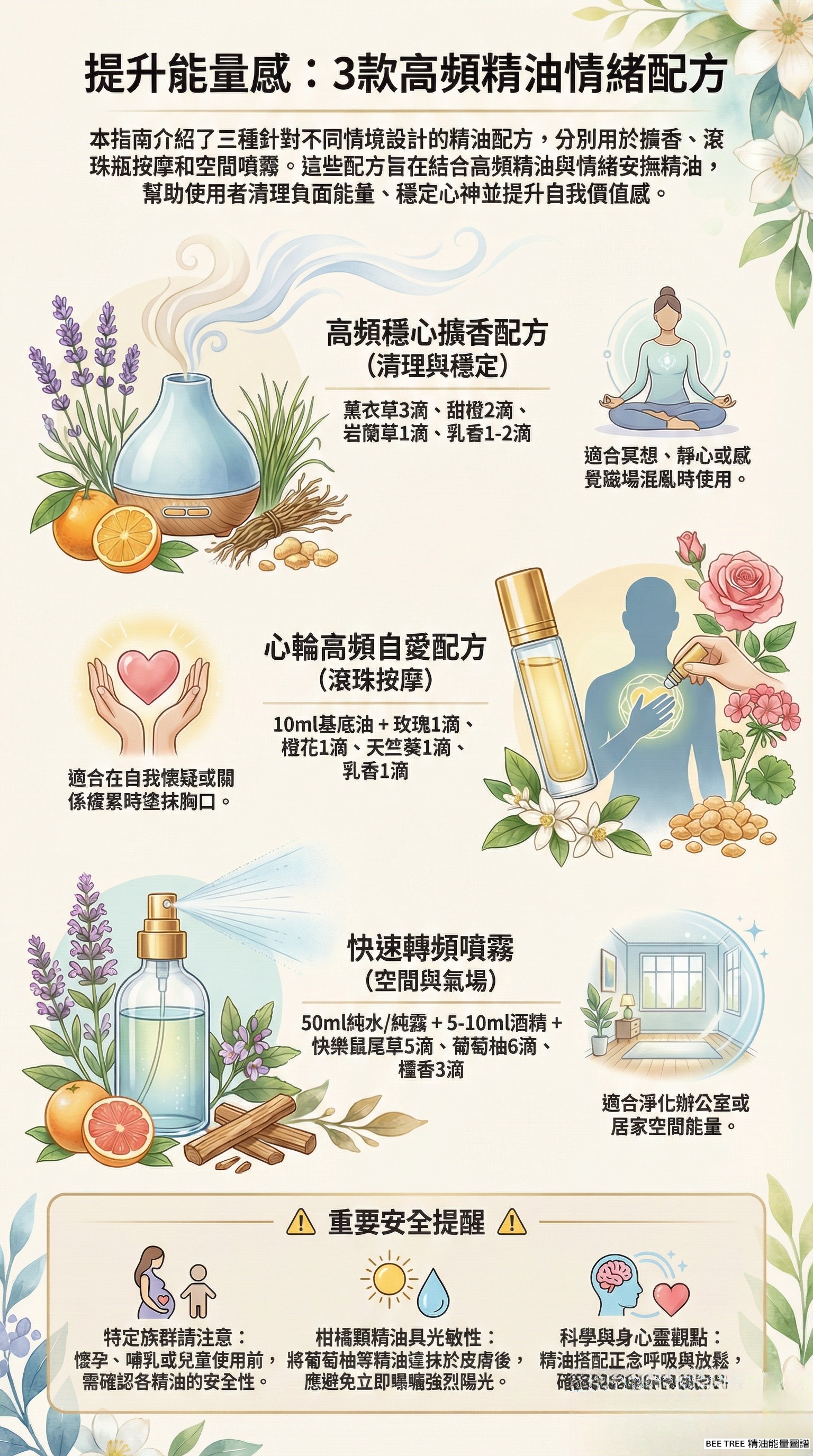 3 款高頻精油情緒配方總覽 — 擴香、滾珠、噴霧三組完整公式