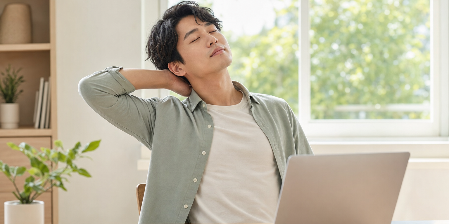 午後明亮的書桌前，男性從筆電前仰身向後、閉眼緩緩吸一口氣，一手扶著後頸，窗外光線清亮，桌上放著小盆栽