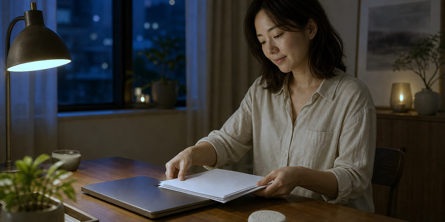同一位深色及肩髮的東亞女性在深夜書桌前收好紙張並闔上筆電，桌邊的擴香石陪她慢慢結束一天