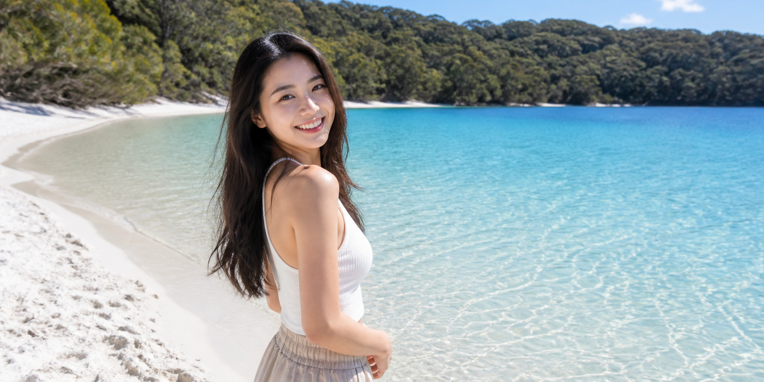 旅人在費沙島純白沙灘與 turquoise 沙丘湖畔，湖水清澈見底