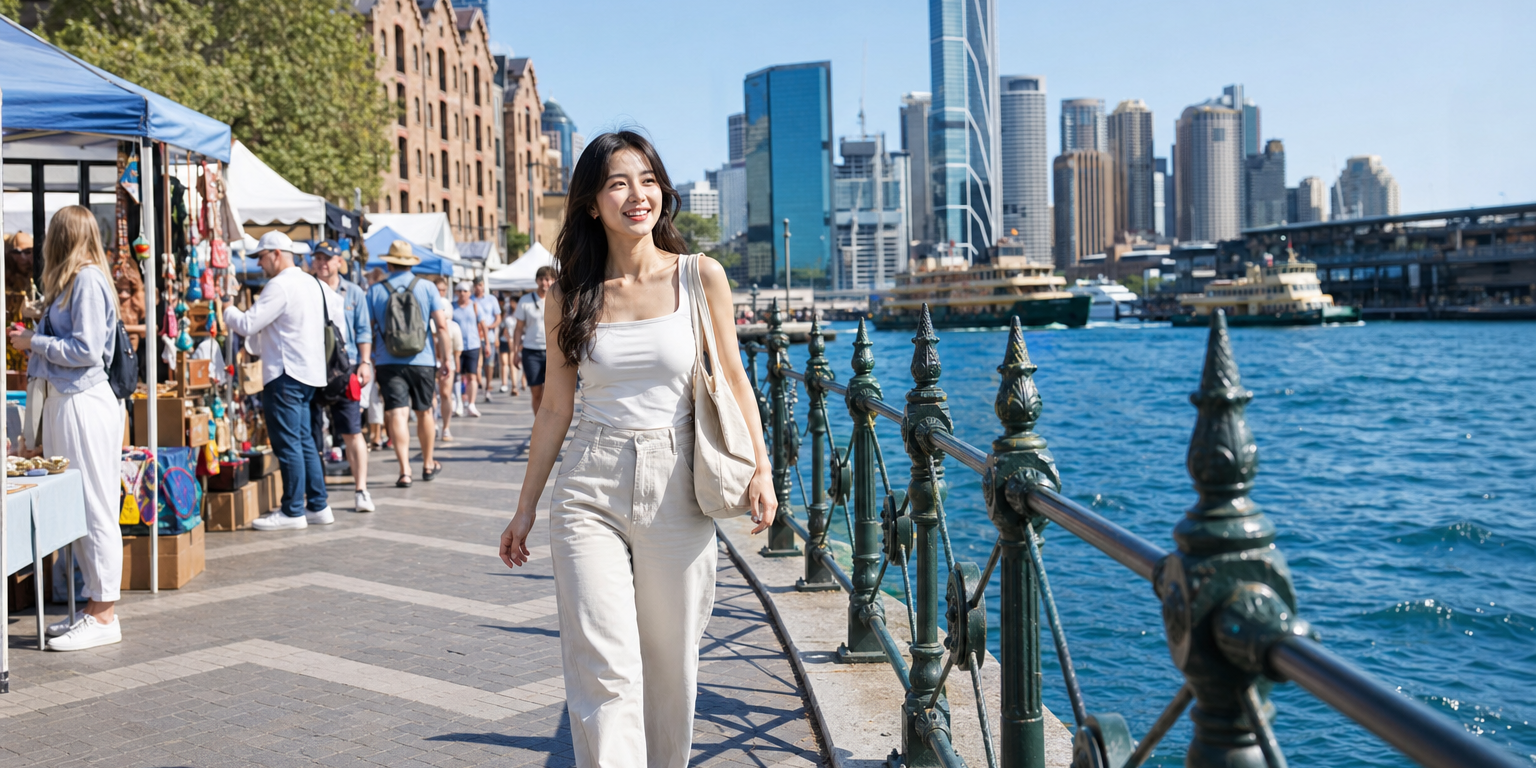 旅人走在雪梨岩石區與達令港的海濱市集，背後是城市天際線與往來的渡輪