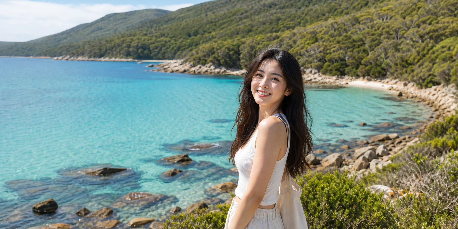 旅人在塔斯馬尼亞清澈海灣邊，綠色山丘與乾淨透明的海水