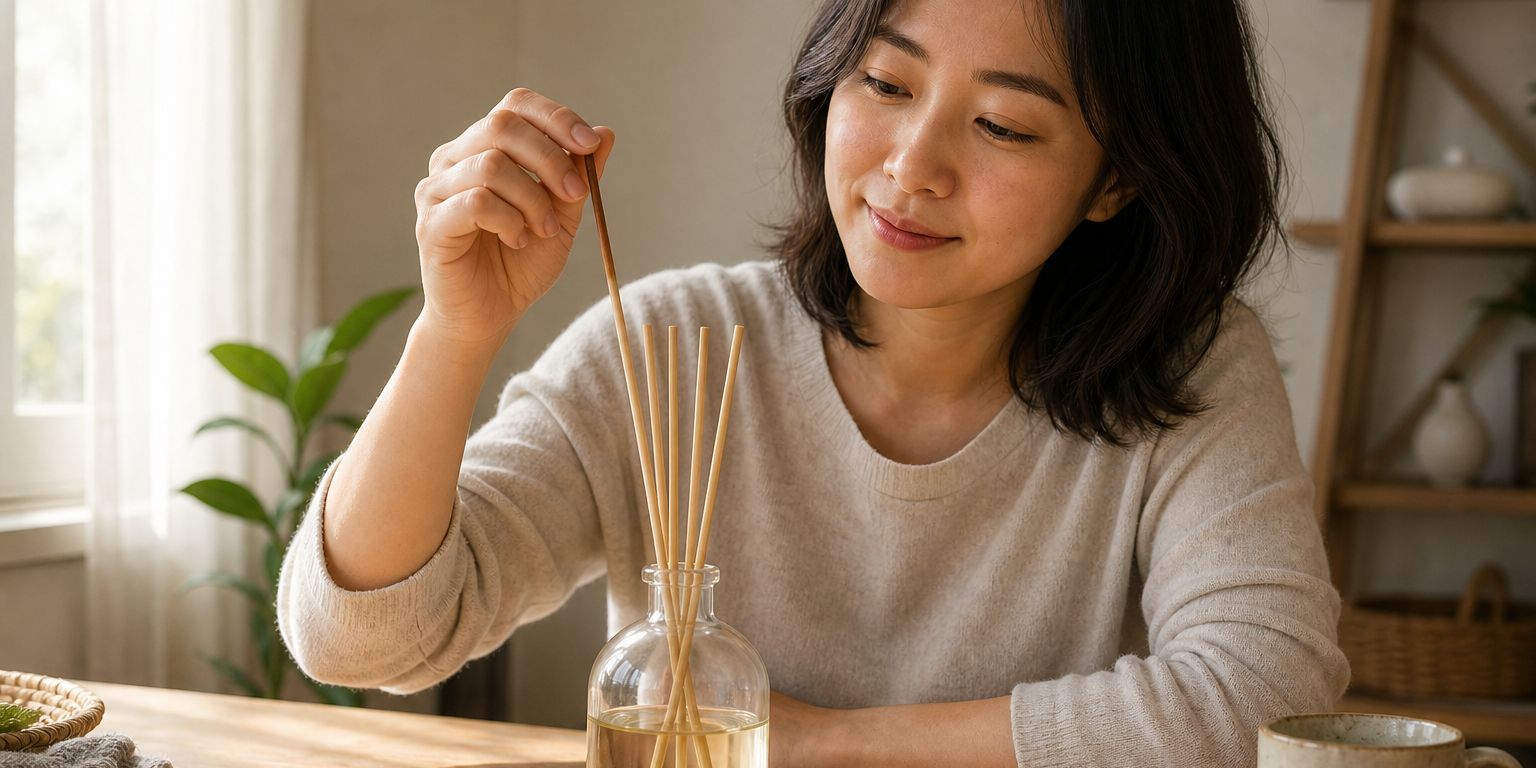 同一位深色及肩髮的東亞女性坐在淺色木桌前的晨光裡，神情專注。擴香瓶口插著一小把乾淨竹籤、比瓶身高出約8\~10公分，她正用手指把其中一根竹籤「掉頭」翻面，讓吸過油、顏色較深的那端朝上，嘴角帶著一點小小的滿足。瓶裡是淡色精油，柔和自然光，居家真實質感。