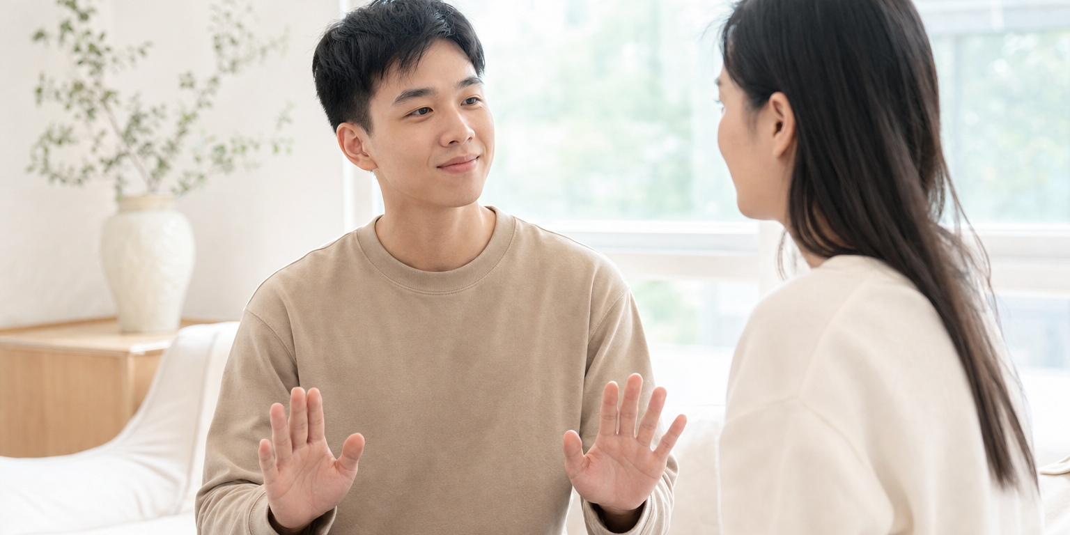 兩個人在明亮空間裡冷靜、尊重地表達不同意見，一人做出溫和的攤手手勢，友誼完好如初