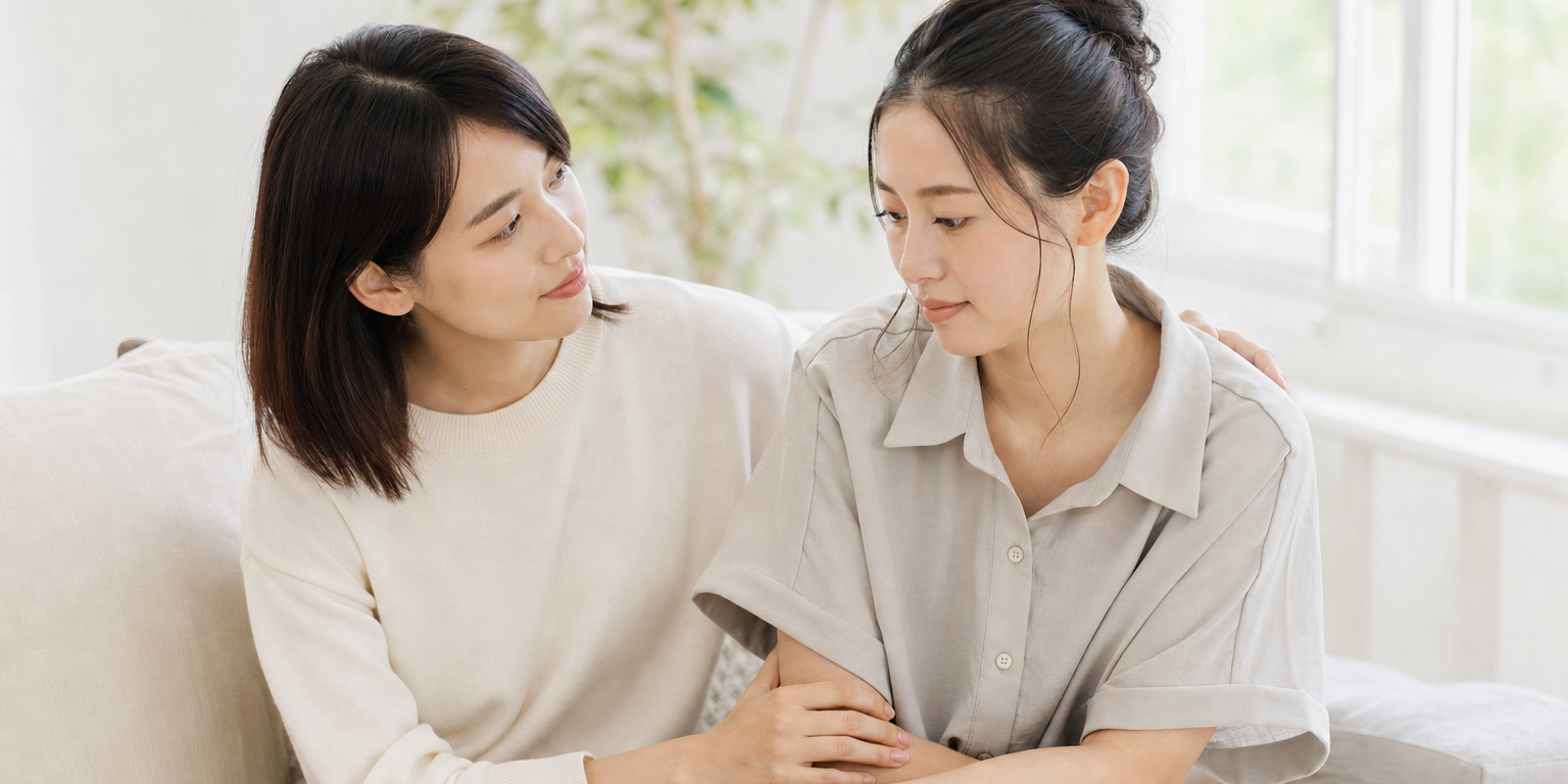 一個人靜靜坐在正經歷難關的朋友身旁，用理解與陪伴取代急著給建議