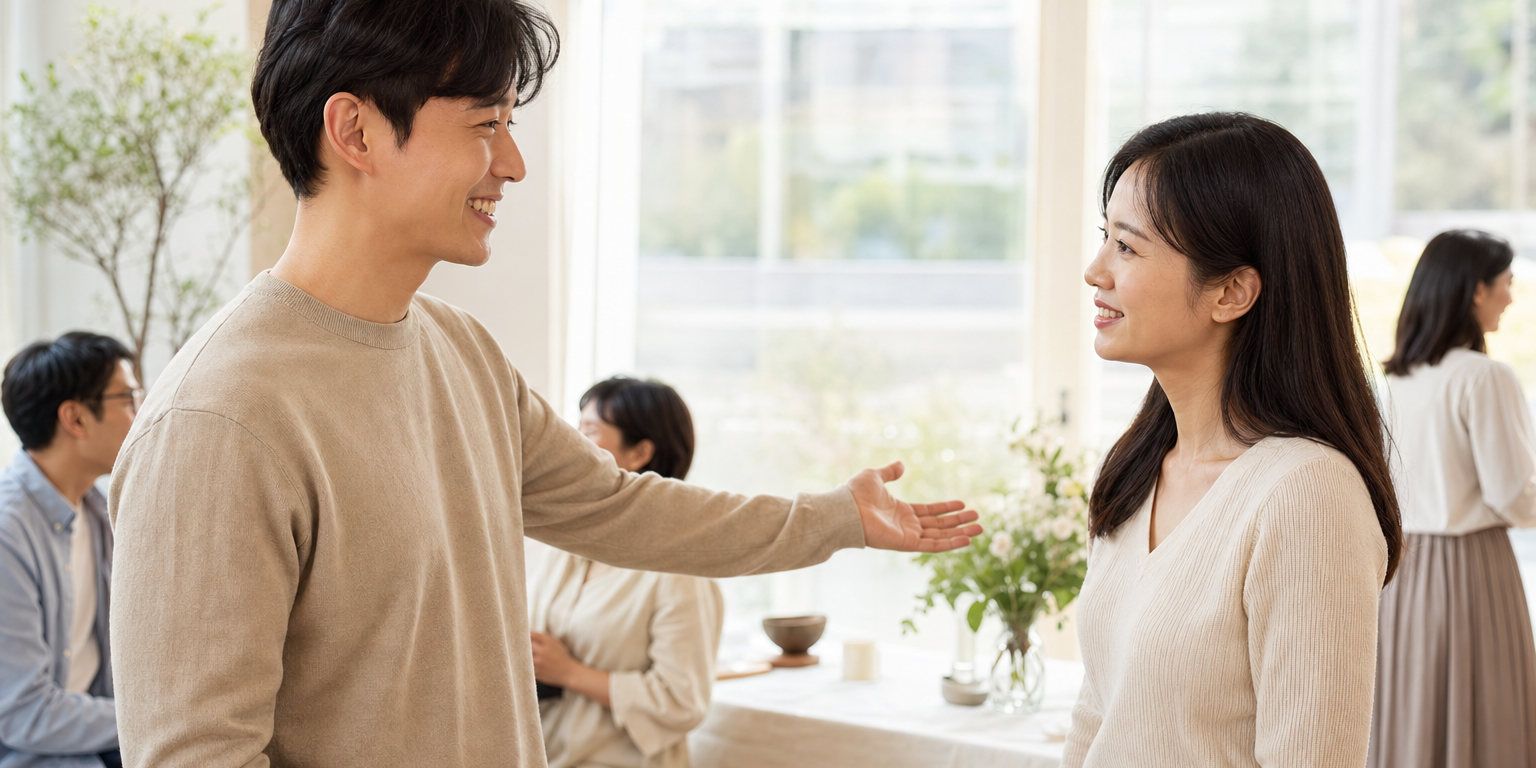 一個人在明亮聚會中親切地叫出對方的名字、真誠地關心對方，兩人都帶著溫暖的笑意