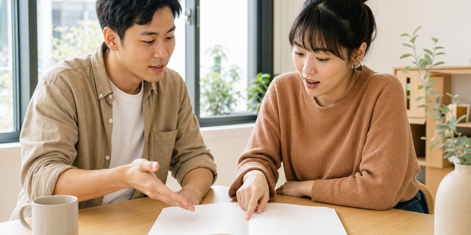 兩位同事並肩看著同一本筆記本討論，其中一人點頭露出「這是我自己想到的」滿意神情