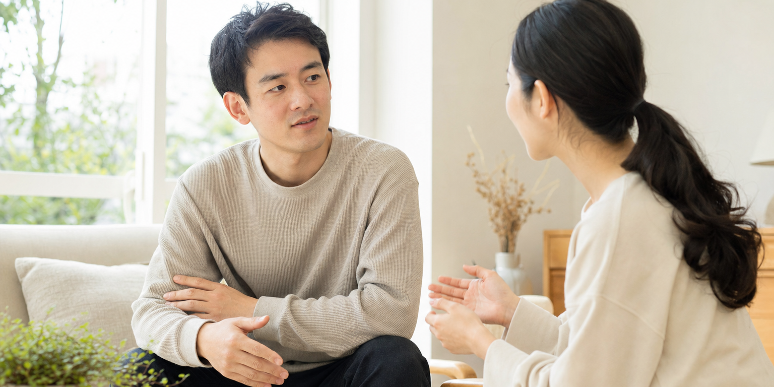 原本交叉雙臂的聆聽者，隨著對方平和而尊重地說話，姿態慢慢鬆開、神情逐漸放軟