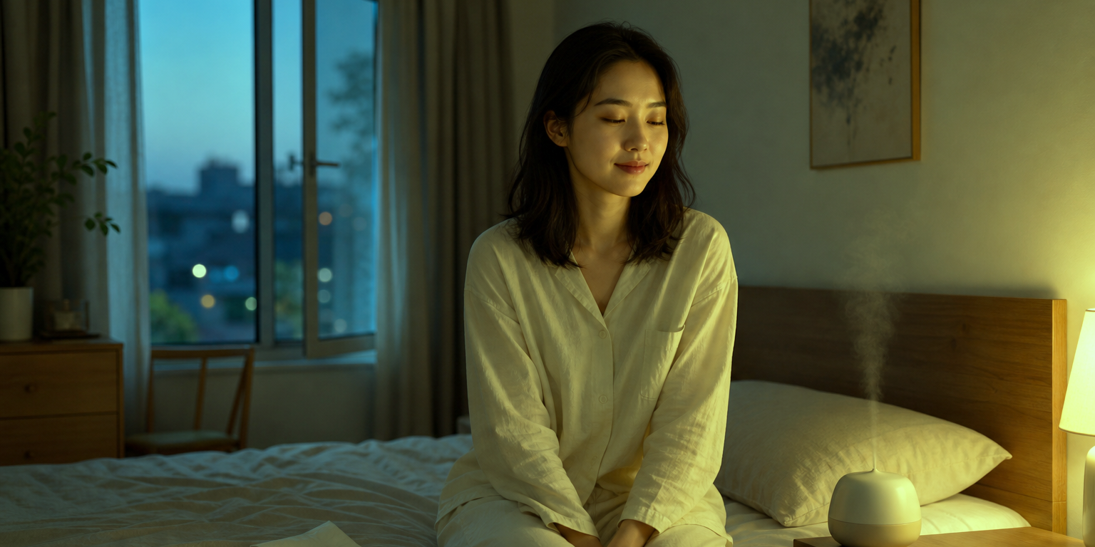 同一位深色及肩髮的東亞女性睡前坐在床沿緩慢呼吸，床邊擴香儀散出淡淡水霧