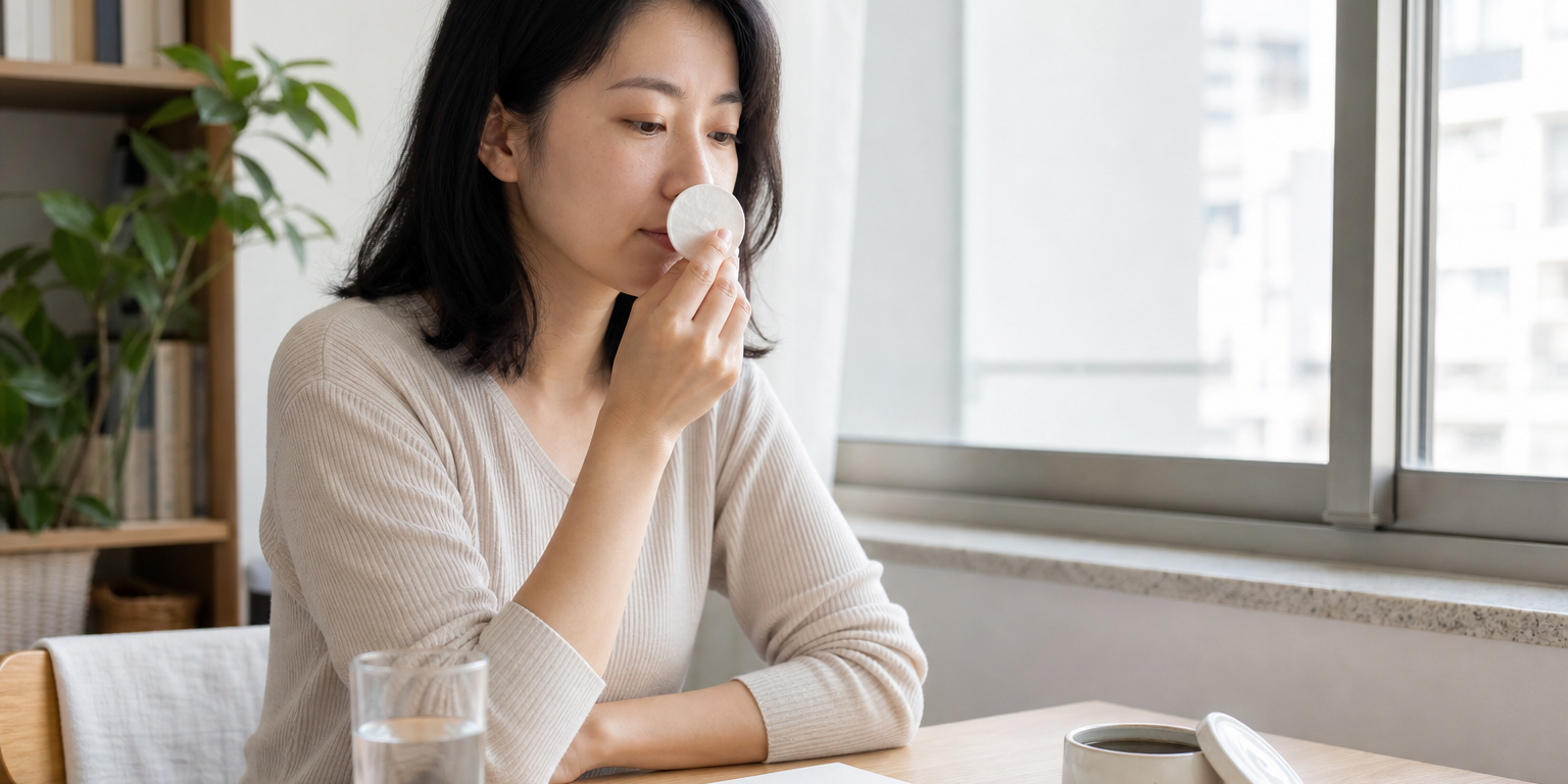 午後書桌前，深色及肩髮女子拿起嗅吸棉片靠近鼻前短暫聞香