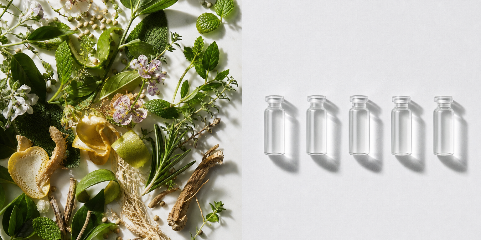精油與香精的差別：左邊是植物的豐盛複雜——葉、花、果皮、根、種子各不相同；右邊是實驗室裡五個一模一樣、整齊排列的透明小瓶