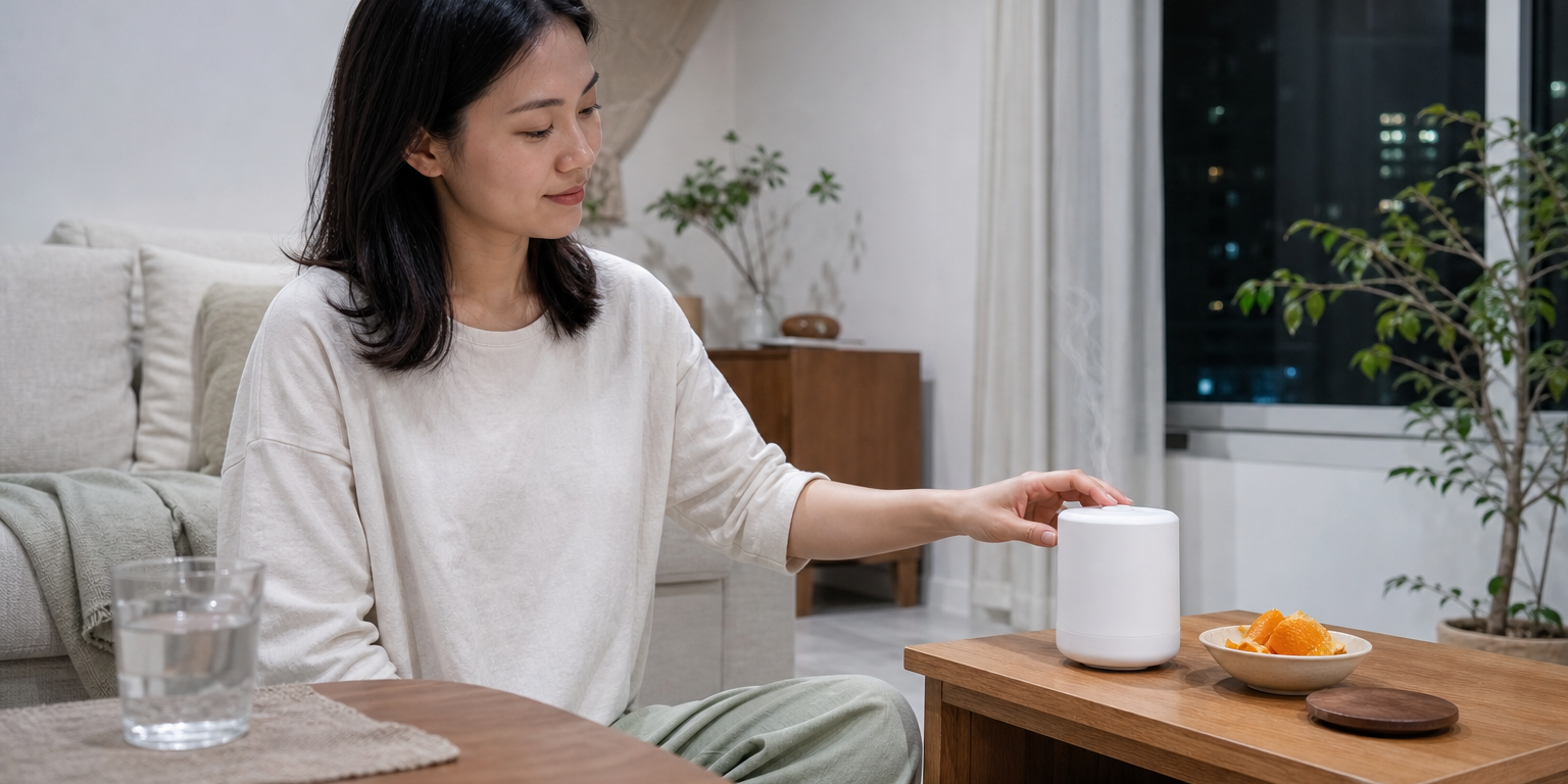夜晚的客廳裡,女子關掉短時間使用的無標示水氧機,桌旁放著橙皮與木質杯墊