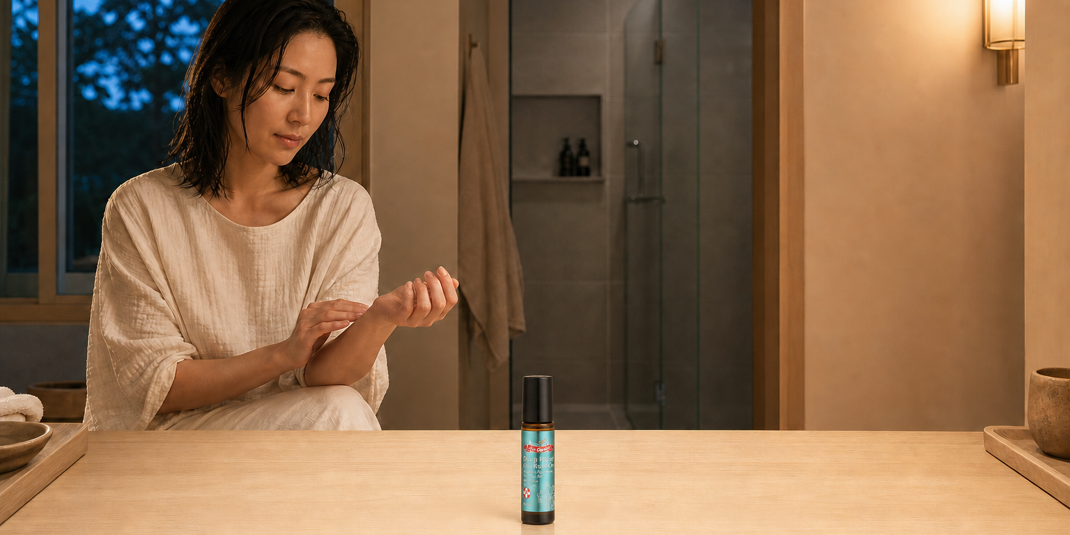 同一位深色及肩髮的東亞女性在夏日晚間洗去防曬並完成曬後保濕後，穿著寬鬆棉質家居上衣坐在浴室外的小梳妝角落，潔淨的臉龐放鬆，微濕髮尾自然垂落；她一手掌心朝上放在腿上，另一手輕觸內側手腕，準備以自然呼吸的距離感受【澳維花園Aus Garden】極度放鬆精油滾珠 10ml 的植萃複方香氣。前景淺木檯面在畫面垂直中央附近刻意保留一大片平整、光線均勻、對焦清楚且完全沒有手部、容器、毛巾、霧氣、倒影、陰影或其他物品遮擋的空位，用來合成真實商品瓶；其餘小物全部退到左右邊緣，柔和藍調夜光與暖色壁燈交融，畫面沒有任何文字、字母、數字、標誌或浮水印。