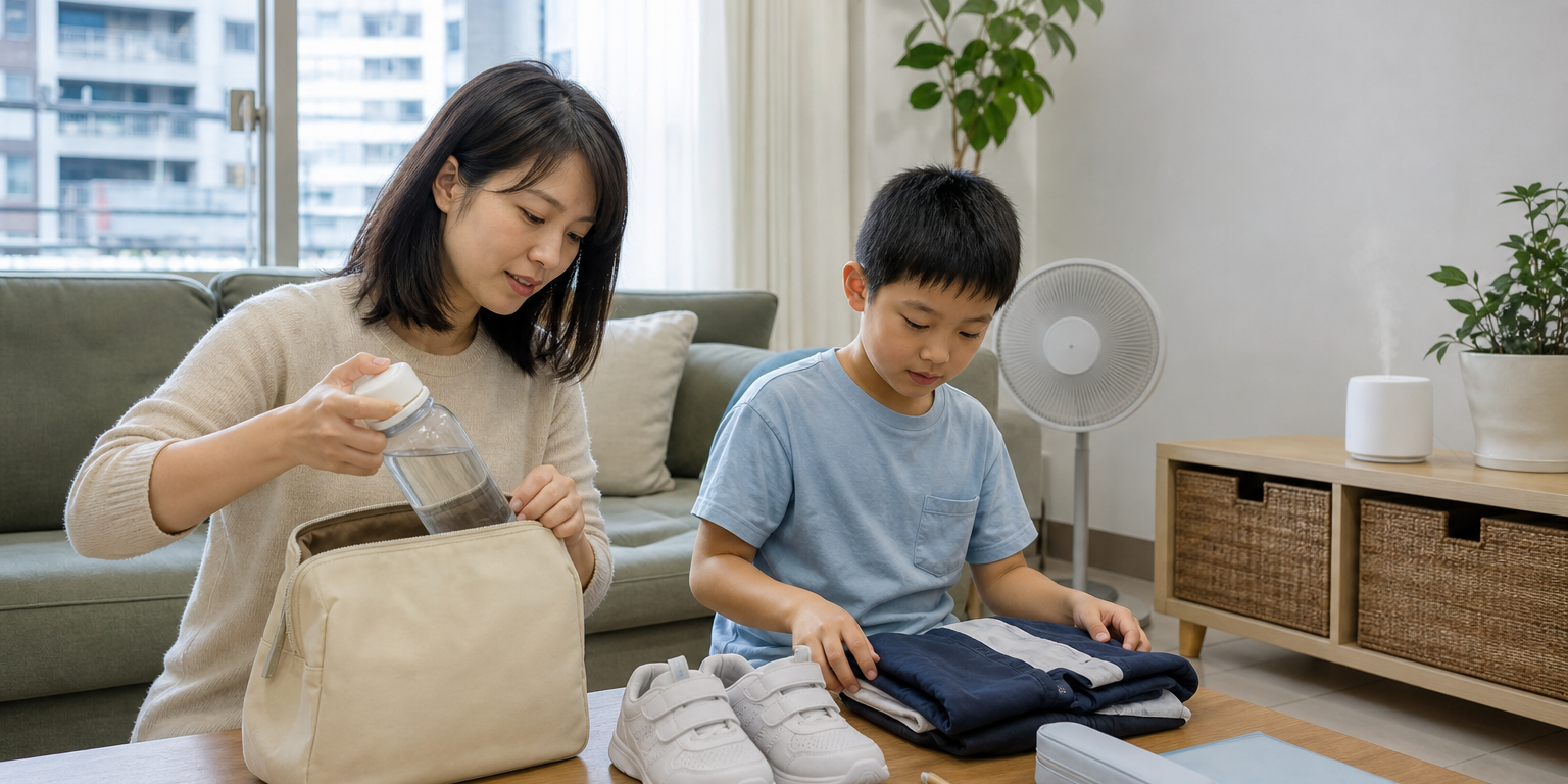 傍晚客廳裡，母親與孩子一邊整理水壺、便當袋和隔日用品，一邊使用無標示水氧機短時間擴香