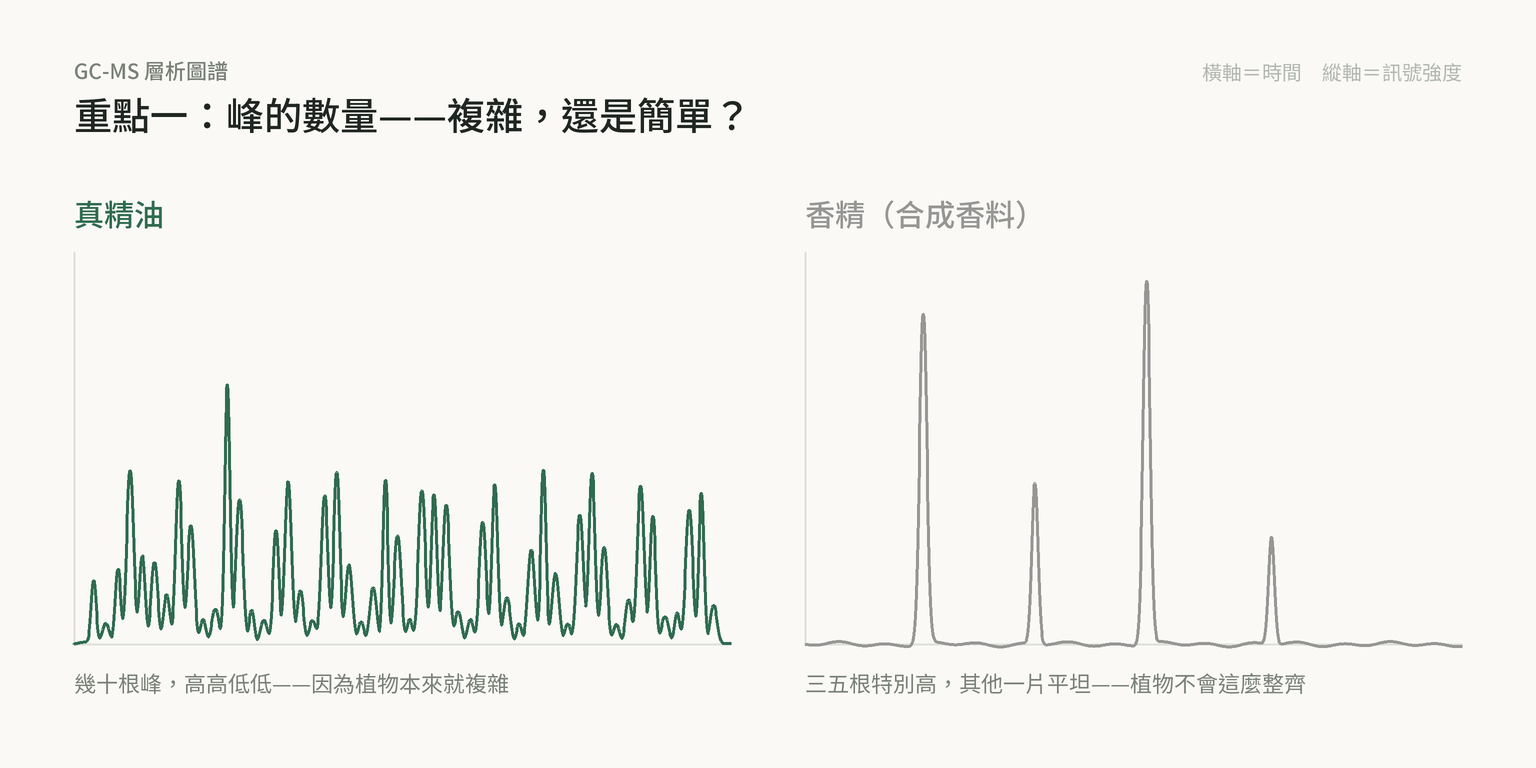 GC-MS 層析圖譜對照：真精油有幾十根高高低低的峰，香精只有三五根特別高、其他一片平坦