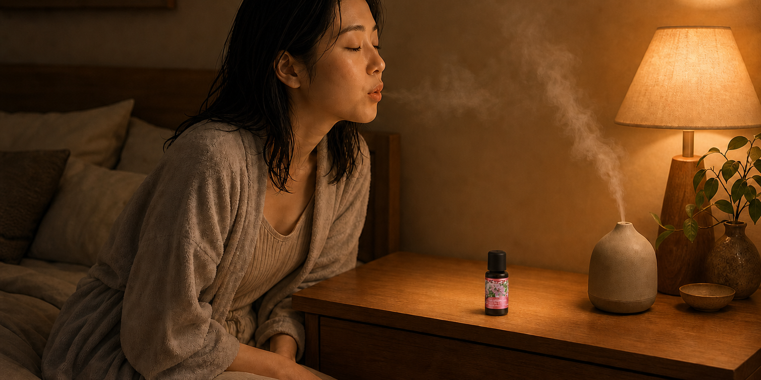 同一位深色及肩髮的東亞女性洗完澡後穿著寬鬆家居服，夜裡坐在床邊，床頭檯面上的小擴香機冒著細霧，她微微傾身、閉眼慢慢把氣吐長，做著睡前安定小儀式；檯面畫面垂直中央附近刻意留了一個明顯空位、沒有任何其他物品，用來放【澳維花園Aus Garden】天竺葵精油 16ml，暖黃床頭燈光柔和。