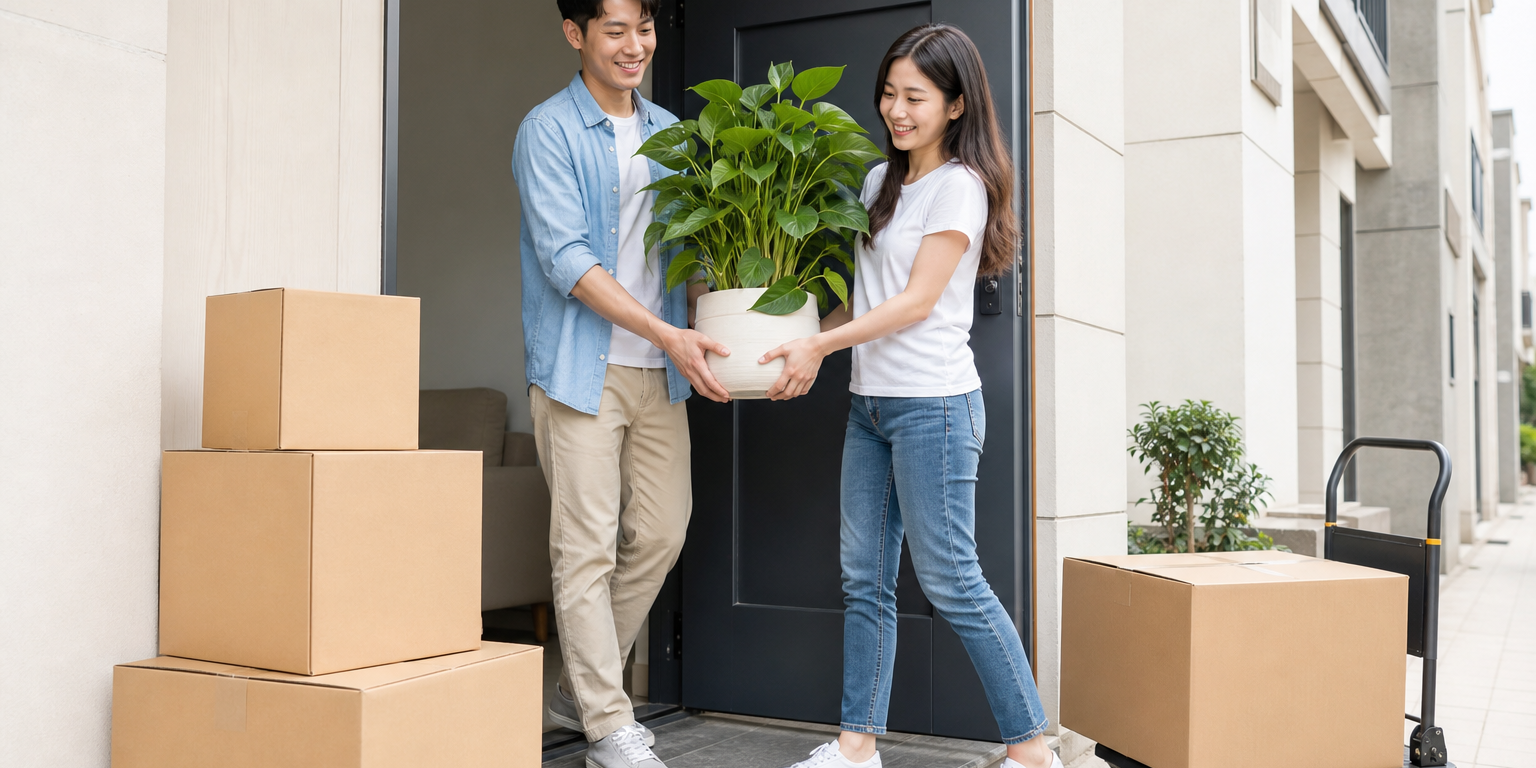 白天陽光下的公寓門口，一對年輕夫妻抱著盆栽與紙箱走進新家，推車上還有貼好標籤的箱子，明亮有朝氣