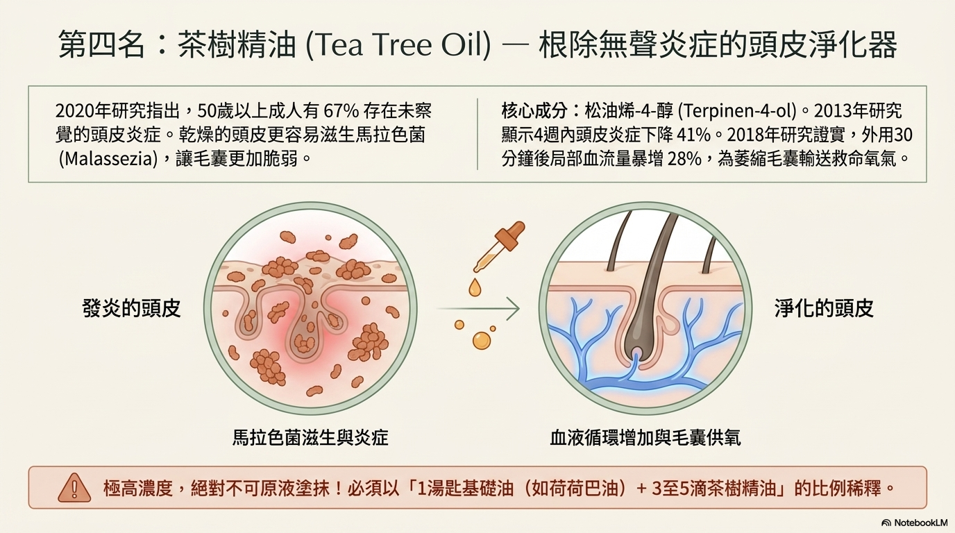 第四名：茶樹精油 — 根除無聲炎症的頭皮淨化器
