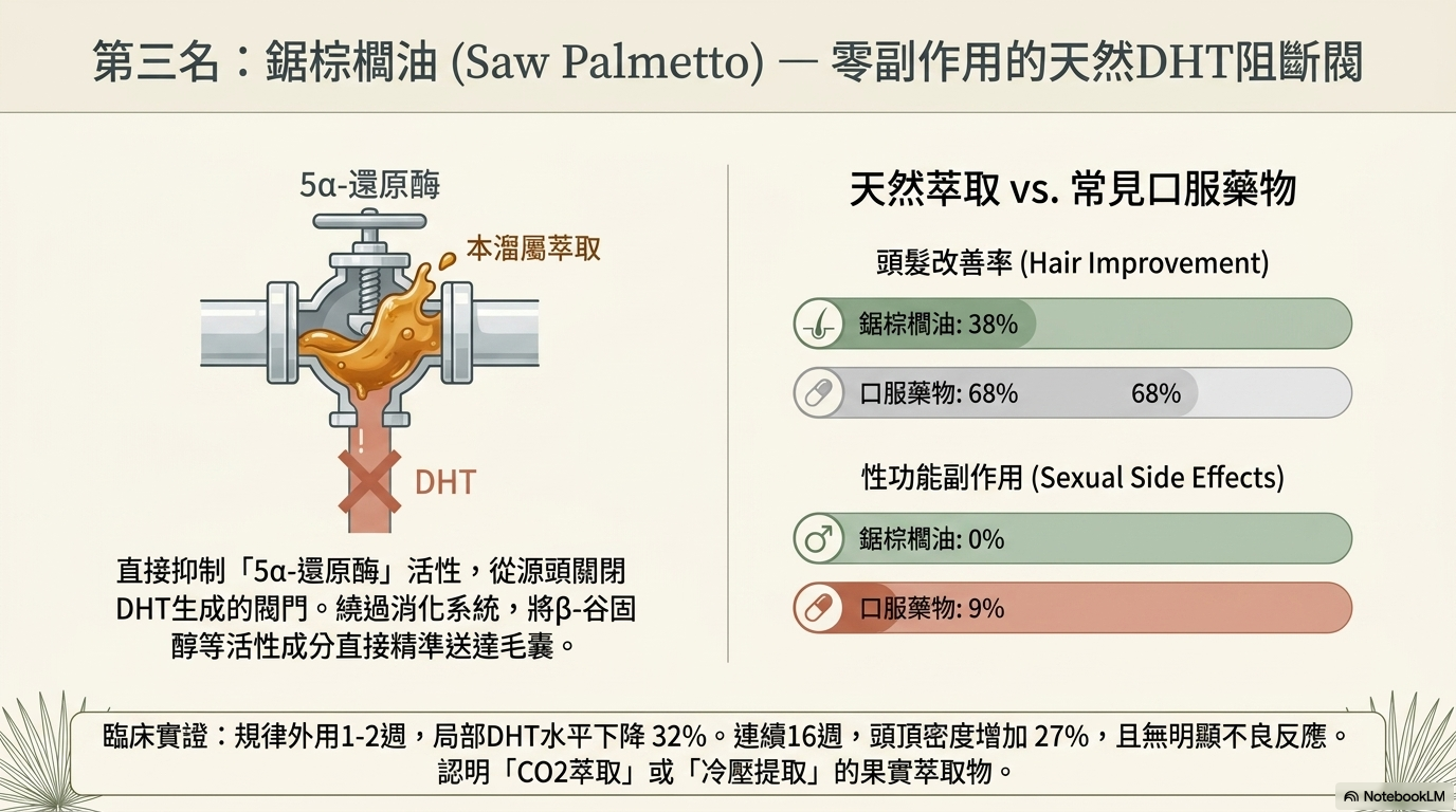 第三名：鋸棕櫚 — 零副作用的天然 DHT 阻斷劑（改善率 38%、副作用 0%）