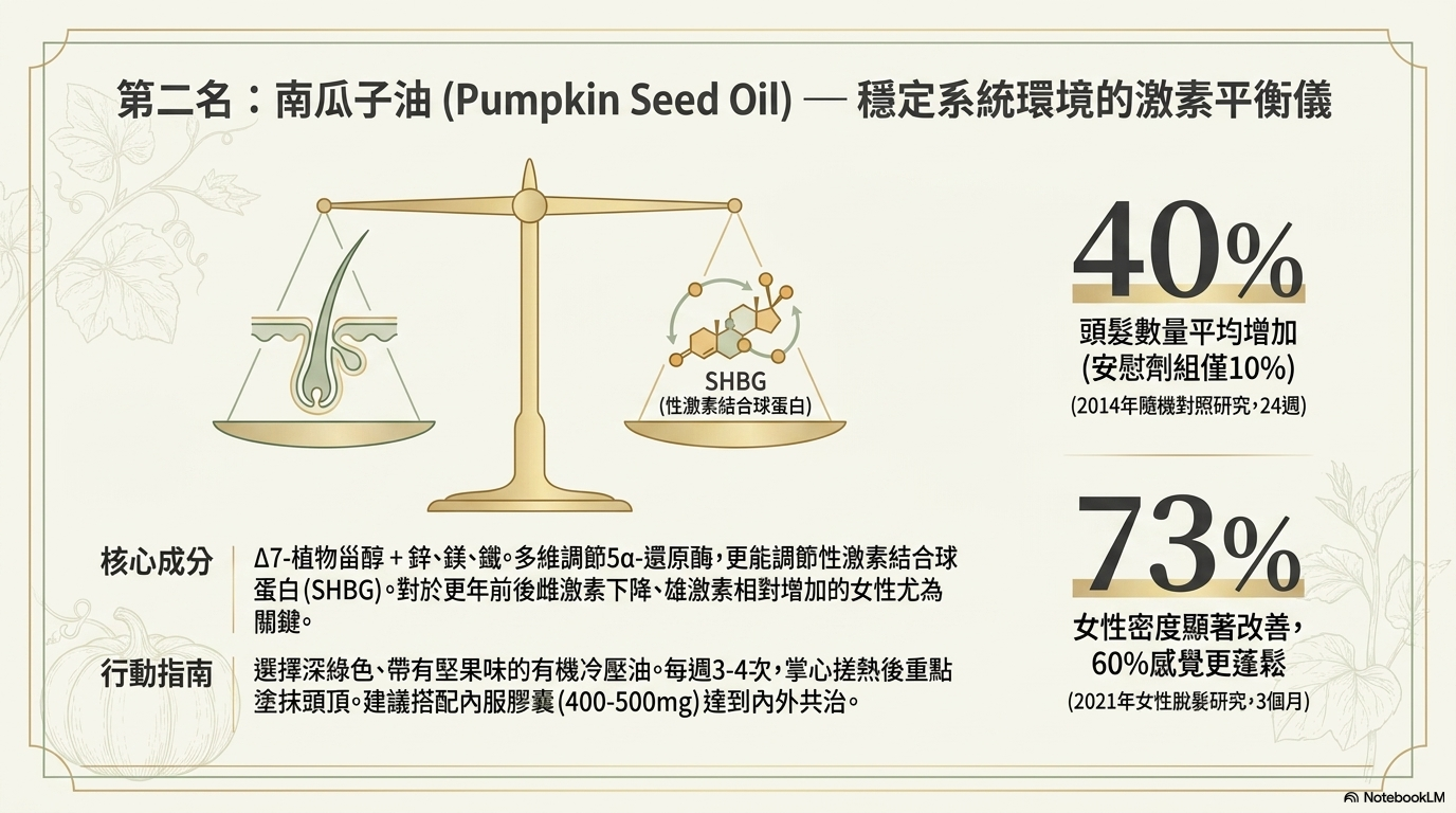 第二名：南瓜子油 — 穩定系統環境的激素平衡儀（髮量 +40%）