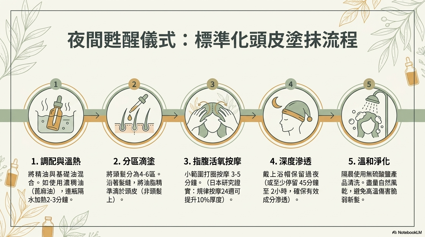 夜間甦醒儀式：標準化頭皮塗抹流程（調配與溫熱 → 分區滴塗 → 指腹活絡按摩 → 深度滲透 → 溫和淨化）