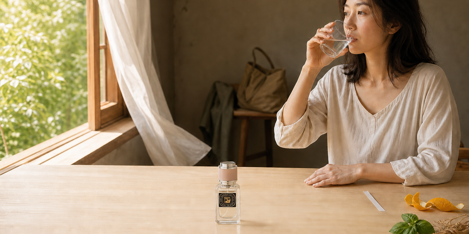 同一位深色及肩髮的東亞女性洗臉換上清爽居家上衣後，坐在通風明亮的木桌右側喝水，窗邊薄簾被微風輕輕帶起，包包已放在後方矮凳；她手邊有空白聞香紙，桌面中央刻意保留一大片乾淨明顯、沒有物品與陰影的空位，以合成【MAPOROO】精油香水-悅香水 30ml，最右側僅以少量柑橘皮、羅勒與岩蘭草根暗示香氣層次。
