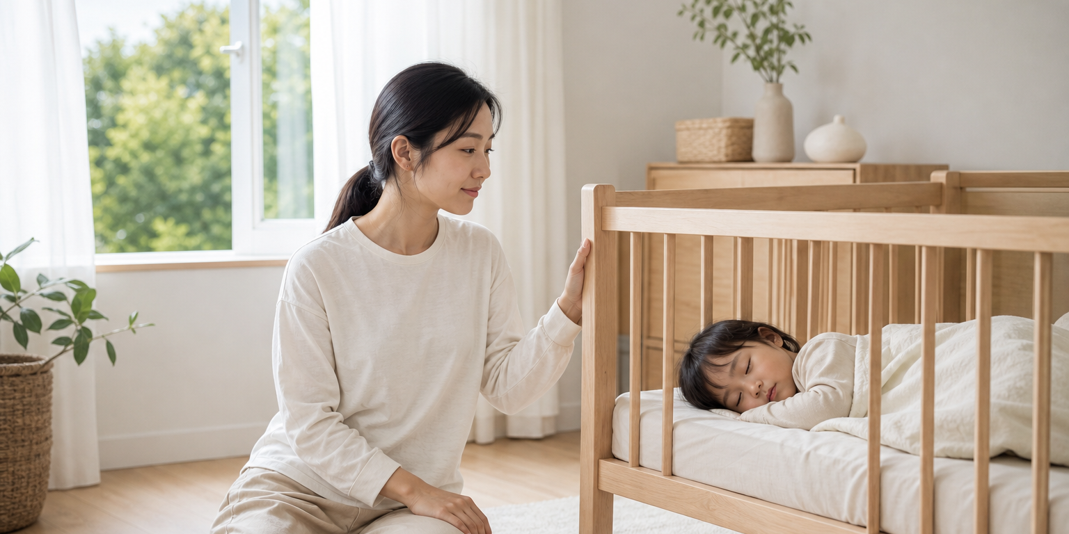 明亮的嬰兒房裡，年輕媽媽坐在熟睡幼兒的嬰兒床邊，一手輕放在床欄上，房間另一側的窗戶敞開讓日光與空氣流通，氣氛安穩