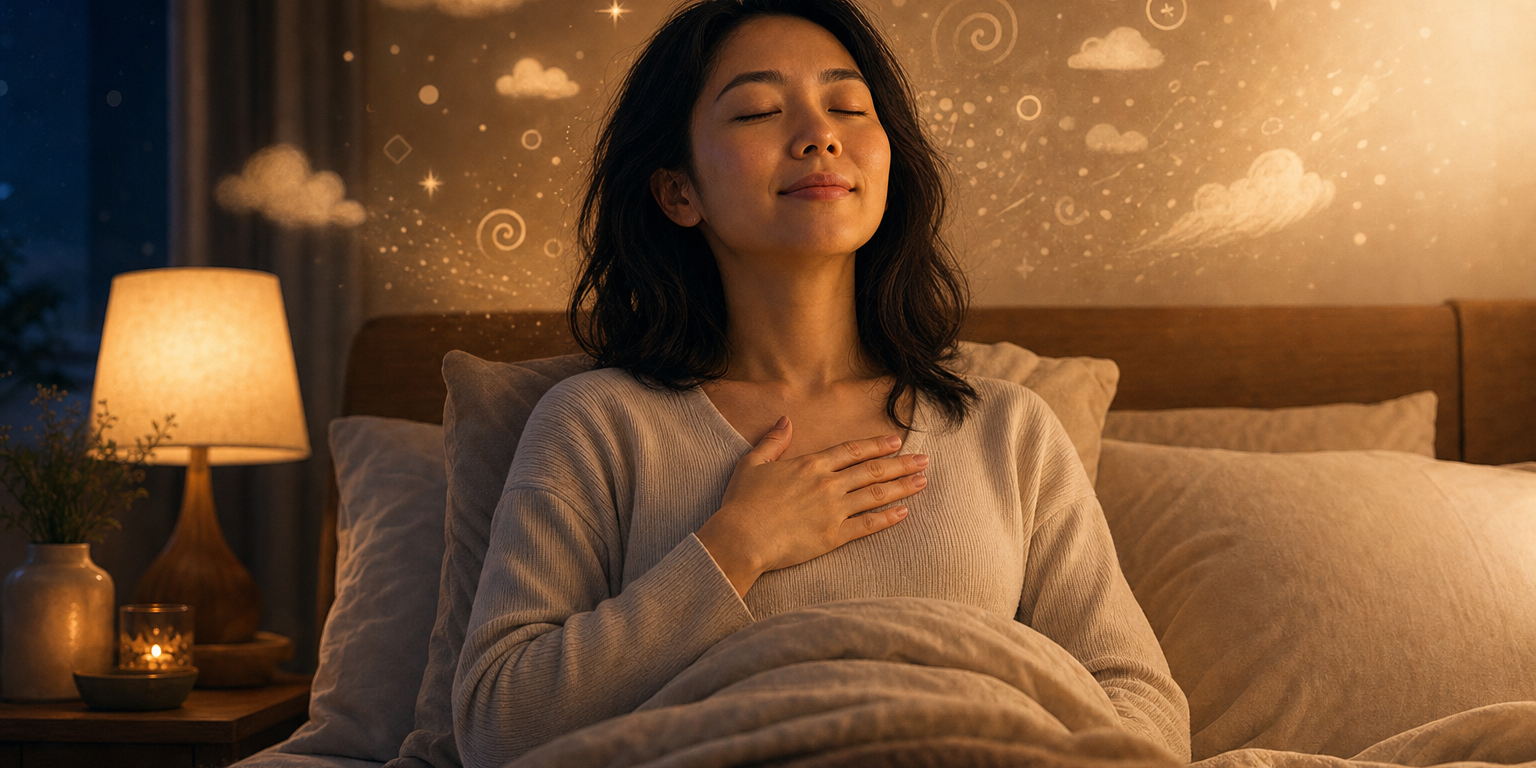 女性閉眼深呼吸、手放胸口放鬆下來，紛亂的思緒逐漸消散，在暖燈臥室中慢慢平靜