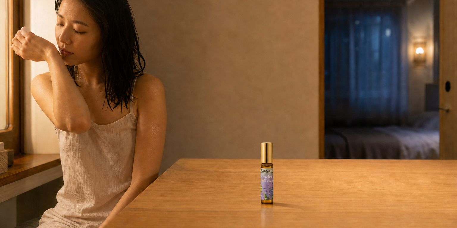 同一位深色及肩髮的東亞女性洗澡後穿著透氣睡衣坐在木質檯面旁，主燈已關，只留柔和間接暖光與淡淡夜色；她把手腕外側靠近鼻尖，閉眼緩慢吐氣。畫面垂直中央的木質檯面刻意保留寬敞、完整且沒有其他物品遮擋的空位，用於清楚合成擺放【澳思萊AUS LIFE】薰衣草滾珠精油 5.3ml。