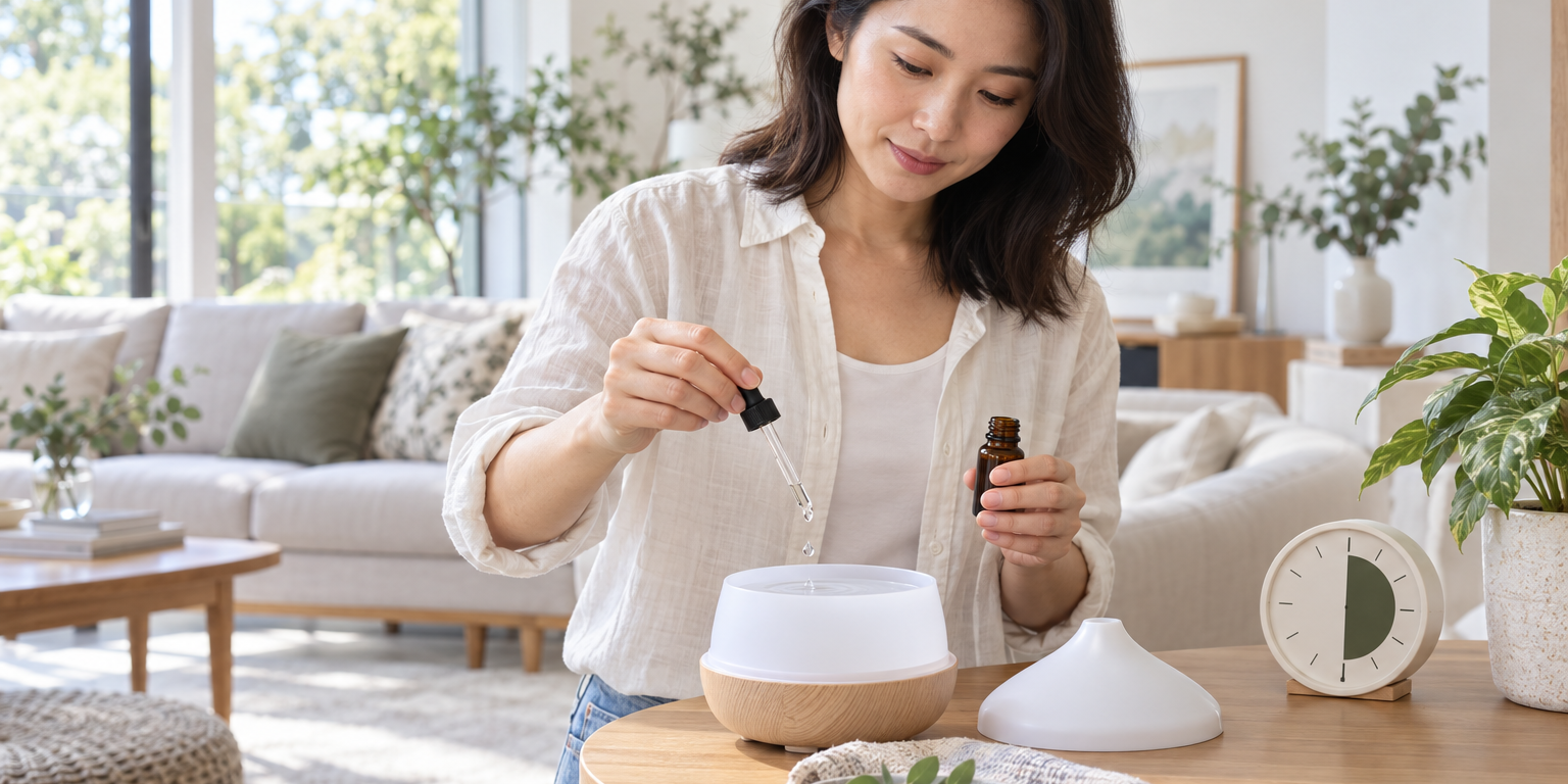 在明亮客廳將精油加入擴香機