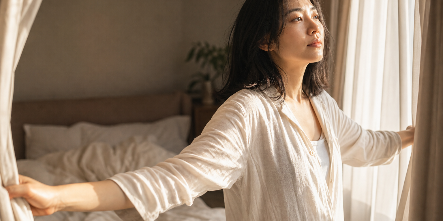 同一位深色及肩髮的東亞女性即使前一晚沒有睡好，仍在平常起床時間拉開臥室窗簾，明亮晨光落在她略顯疲倦但平靜的臉與透氣睡衣上，後方未整理的床鋪柔焦可見，示範起床後接觸自然光、不一路補眠到中午。