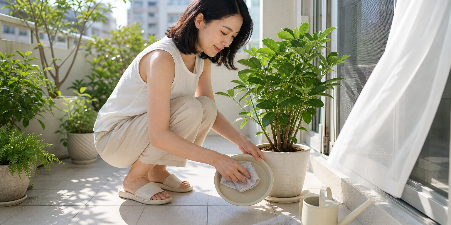 夏季防蚊的第一步不是擴香，而是清掉積水：明亮陽台上倒掉盆栽托盤的水並擦乾，搭配紗窗與通風，把吸引蚊蟲的條件降到最低