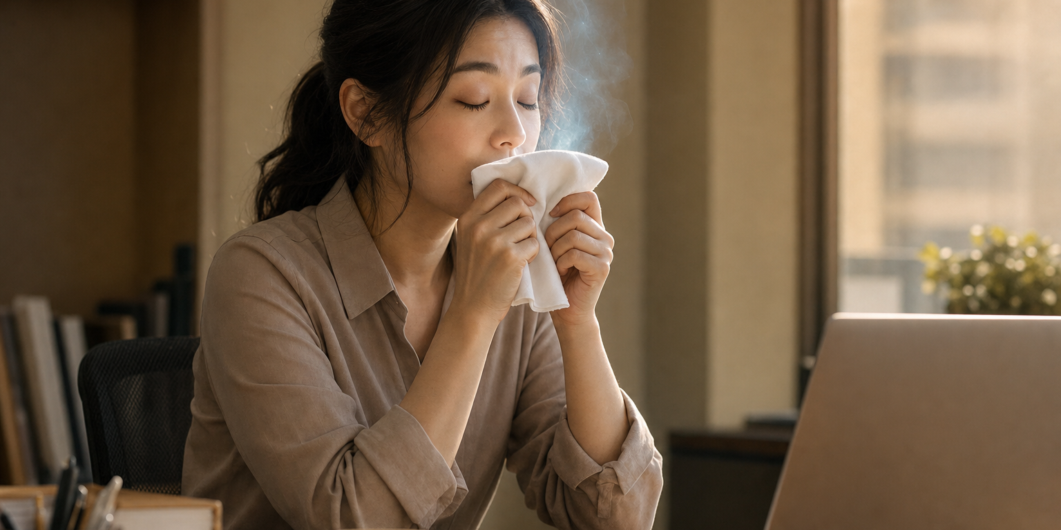 至尊薄荷精油午後提神：上班族在辦公桌前閉眼，把滴了精油的手帕靠近鼻子深深聞一口