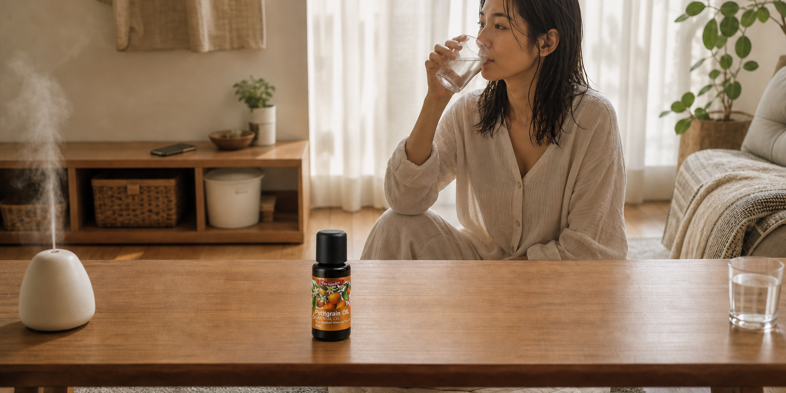 同一位深色及肩髮的東亞女性在週六午後洗完澡，穿著寬鬆家居服、髮尾仍帶微濕感，坐在客廳地墊上喝幾口水，手機已反扣放到遠處層架；窗簾把酷夏強光濾成柔和明亮日光，前景矮木桌左側的小型陶瓷擴香器冒出細霧，水杯退到桌面右側，桌面垂直中央附近刻意保留一塊光線均勻、完全沒有物件、霧氣、手部或陰影遮擋的明顯空位，用來合成【澳維花園Aus Garden】苦橙葉精油16ml實拍瓶，畫面沒有任何文字、字母、數字、標誌或浮水印。