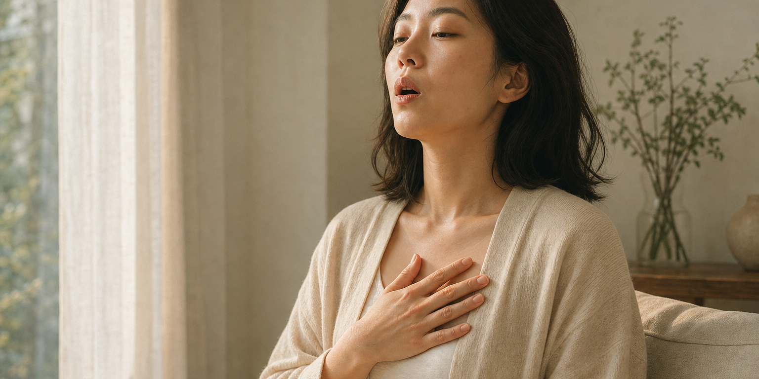 同一位深色及肩髮的東亞女性坐在窗邊示範生理嘆息，嘴唇微張、正緩緩把氣長長吐出，胸口放鬆下沉、原本聳起的肩膀明顯往下掉，眼睛半闔神情平靜，一手輕放在上胸感覺呼吸，暖光柔和。