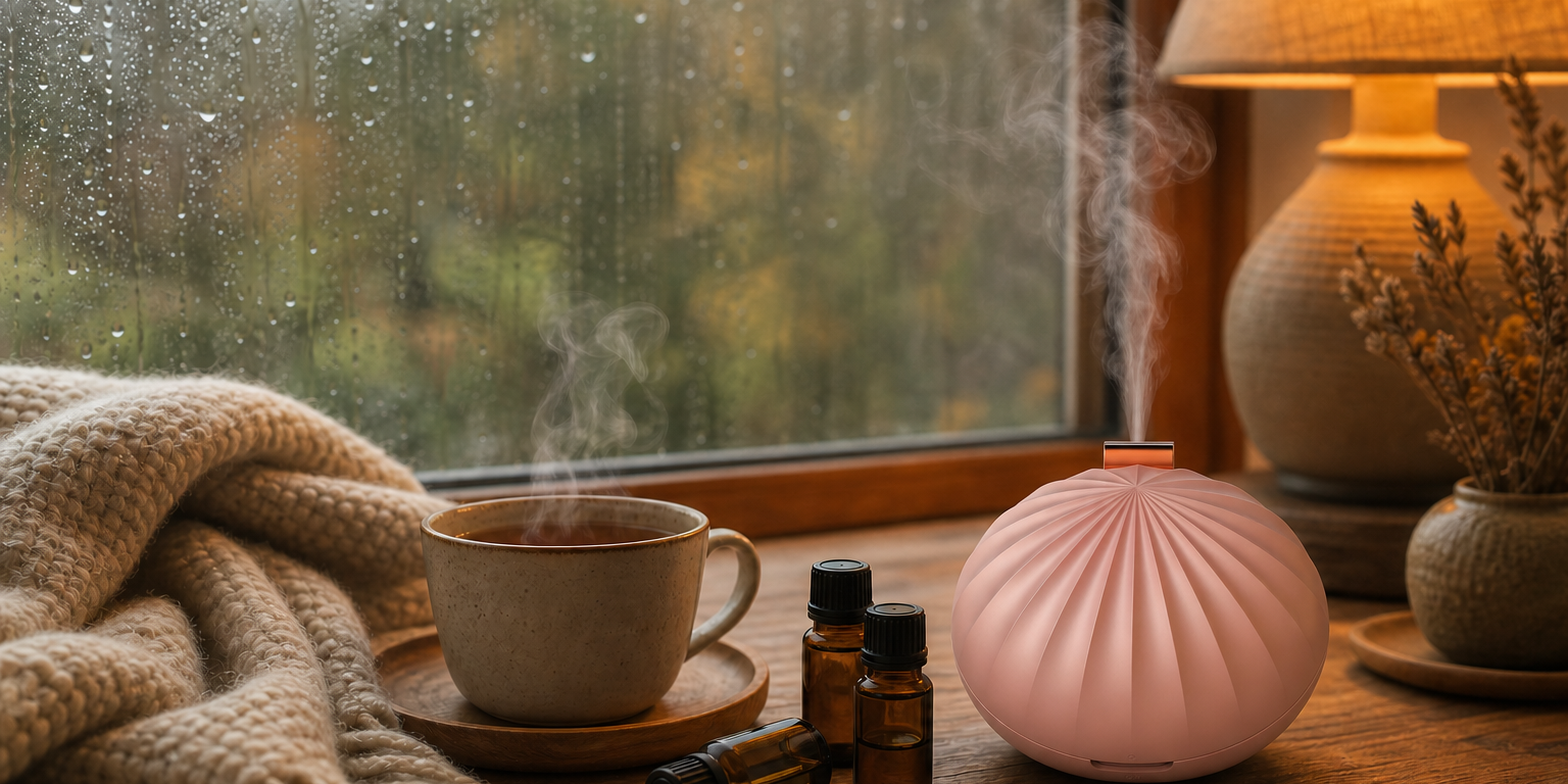 雨天在家的芳療一日儀式：窗外落雨，桌上熱茶冒著蒸氣，LIFE FANLE 粉色貝殼無水香氛機正擴散精油，暖燈與針織毯，與潮濕溫柔共處