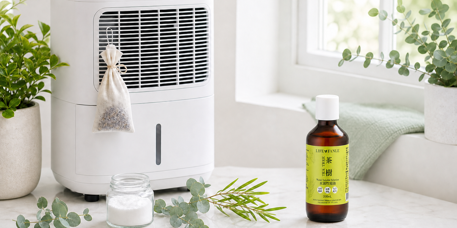 梅雨季居家防潮 DIY：白色除濕機出風口掛著精油香包，一旁放著小蘇打防潮罐與 LIFE FANLE 水溶性澳洲茶樹精油，用天然植萃維持乾爽無霉的居家角落