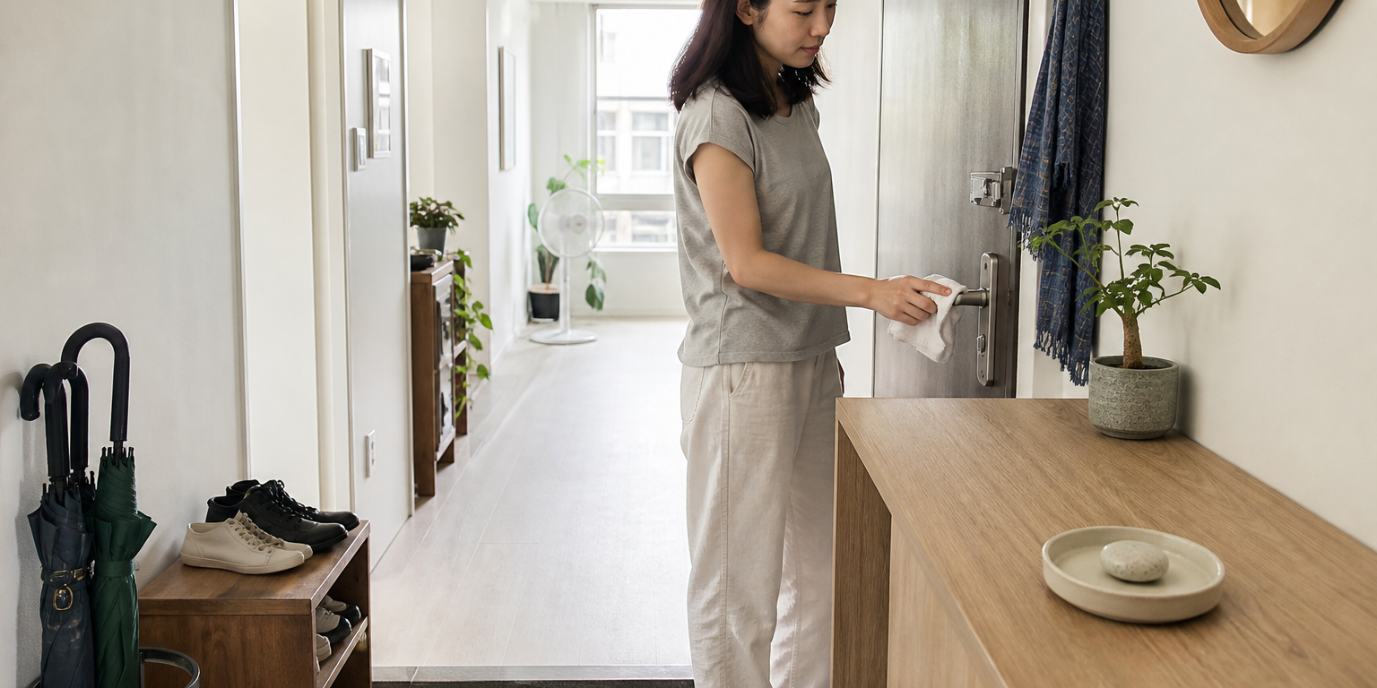深色及肩髮女子在明亮整潔的玄關擦拭門把，暢通走道旁的小碟中放著一顆擴香石