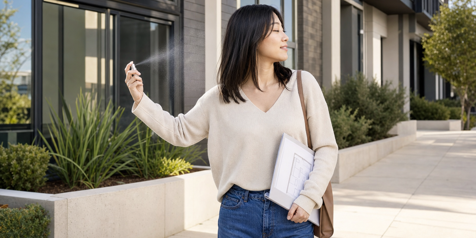 看屋行程結束後的明亮人行道上，年輕女性夾著格局圖，朝身側的空氣輕噴細霧，霧珠在日光下發亮，動作輕鬆隨性