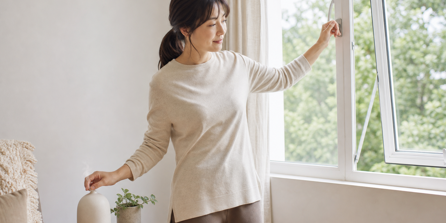 明亮房間裡的女性關掉邊桌上的小陶瓷擴香器，同時伸手把窗戶開得更大，動作從容自然，日光柔和