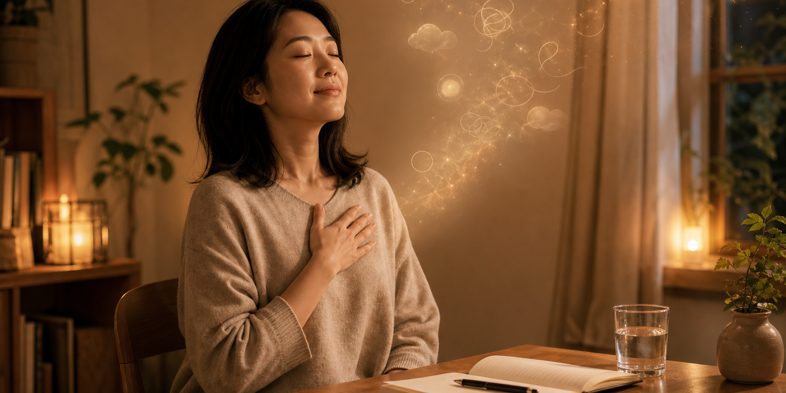 女性閉眼深呼吸、手放胸口，桌上攤開筆記本與筆把念頭寫下，紛亂的思緒逐漸消散，在暖光房間裡慢慢平靜下來