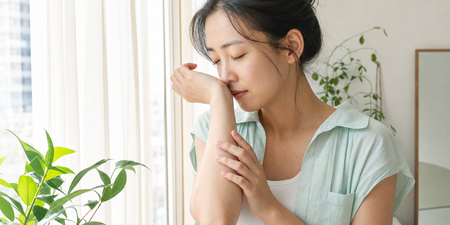 盛夏早晨出門前，女性在明亮窗邊閉眼、把手腕靠近臉輕輕嗅聞、緩緩深呼吸，肩膀放鬆，紗簾與綠植在旁，清爽晨光