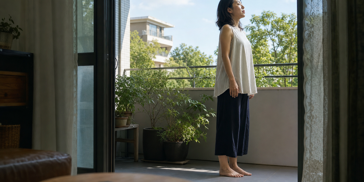 同一位深色及肩髮的東亞女性把手機反扣留在屋內桌上，赤腳走到有遮陰的夏日陽台，雙腳完整貼著微涼地磚、膝蓋放鬆，雙手自然垂在身側，嘴唇微張舒服地延長吐氣，原本緊繃的肩膀正慢慢下降；欄杆外可見明亮藍天與被陽光照亮的綠意，畫面以具體的離開忙碌位置與短暫停下示範三分鐘安頓練習，沒有任何文字、字母、數字、標誌或浮水印。