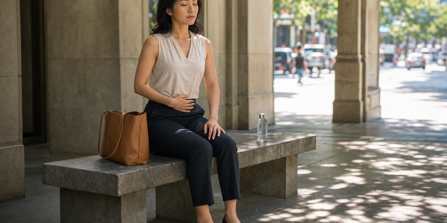 同一位深色及肩髮的東亞女性從炎熱吵雜的通勤動線走進城市建築的遮陰騎樓，坐在石椅上讓穿鞋的雙腳平穩踩住微涼地面，手機已完整收進身旁提袋；她正依序感受額頭、下巴、肩膀、手掌與腹部，一手攤開放在腿上，另一手輕搭下腹，緊咬的下巴逐漸鬆開，其中一側肩膀正緩緩下降，遠處盛夏街景化成柔焦亮光，畫面沒有任何文字、字母、數字、標誌或浮水印。