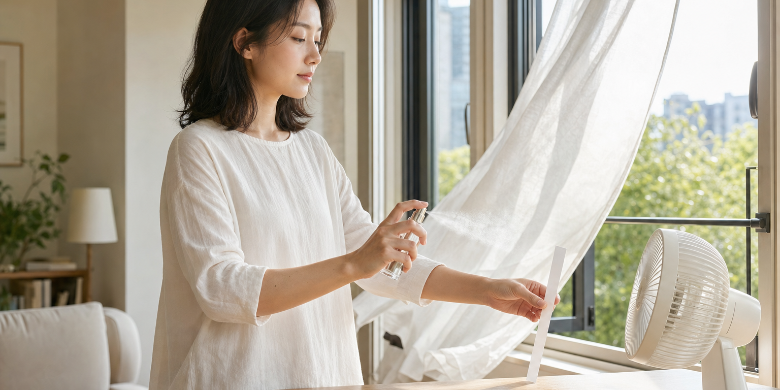 同一位深色及肩髮的東亞女性洗去汗水後換上乾淨寬鬆上衣，站在明亮窗邊讓循環扇帶動薄簾與空氣；她與臉部保持距離，將無標示香水輕噴一次在空白聞香紙上，再把聞香紙立在通風的書桌角落等待酒精氣味散去。